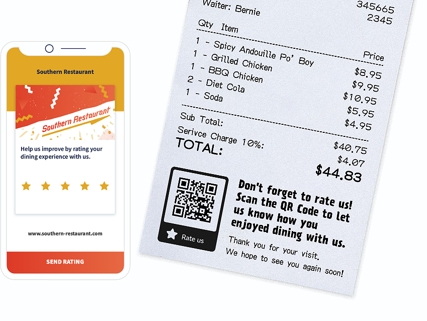 QR Code idea on a receipt with a landing page that asks for ratings from customers